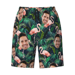 Hawaiian Shorts with Custom Face Personalized Dog Face Leaves & Flamingo Shorts - OLESA