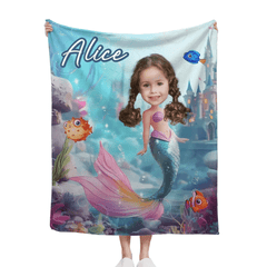 Mermaid Custom Blanket - Personalized Name and Photo Soft Flannel Blanket - A Gift For Daughters, Girls - OLESA