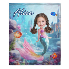 Mermaid Custom Blanket - Personalized Name and Photo Soft Flannel Blanket - A Gift For Daughters, Girls - OLESA