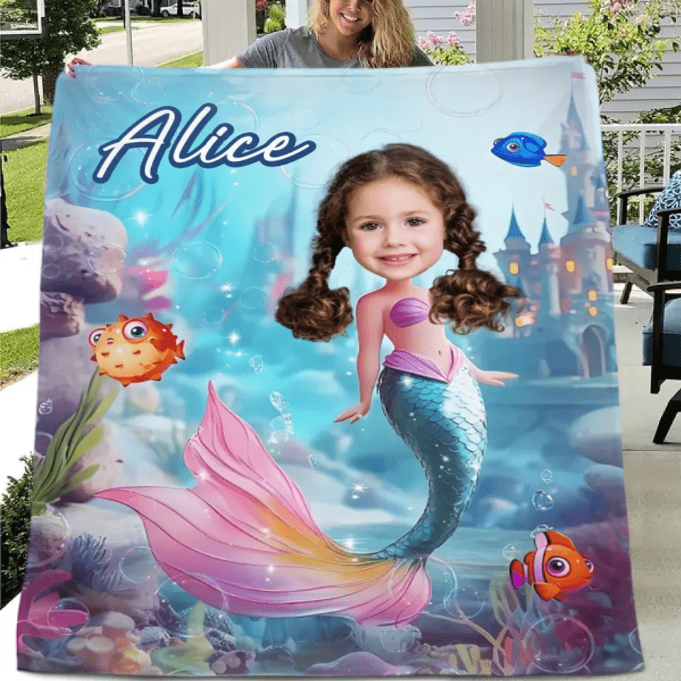 Mermaid Custom Blanket - Personalized Name and Photo Soft Flannel Blanket - A Gift For Daughters, Girls - OLESA