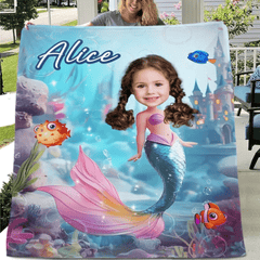 Mermaid Custom Blanket - Personalized Name and Photo Soft Flannel Blanket - A Gift For Daughters, Girls - OLESA