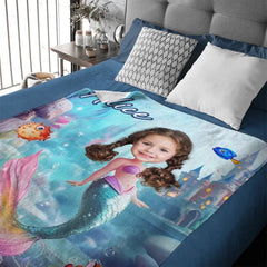 Mermaid Custom Blanket - Personalized Name and Photo Soft Flannel Blanket - A Gift For Daughters, Girls - OLESA