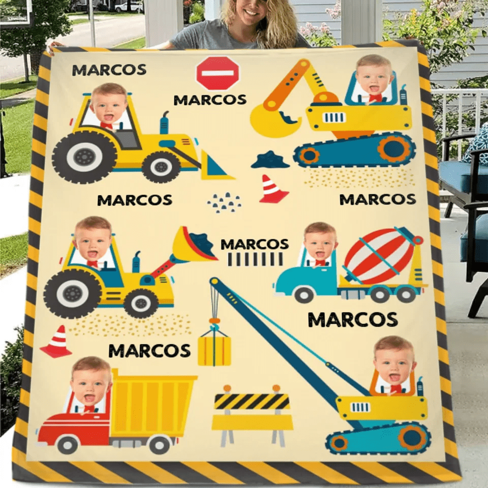 Minor Engineer - Personalised Name And Photo Construction Equipment Print Blanket - A Gift For Child - OLESA
