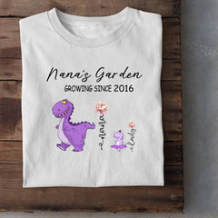 Nana's Garden T-shirt - Customized Name Dinosaur Month Flowers - OLESA