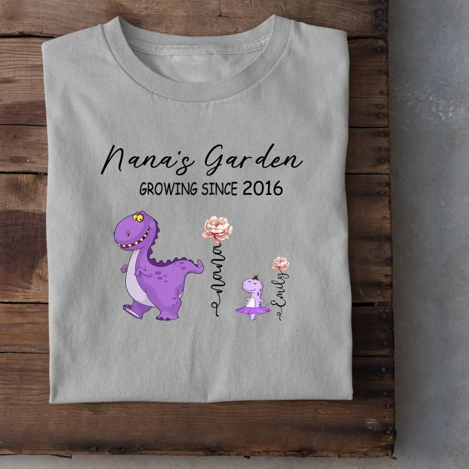 Nana's Garden T-shirt - Customized Name Dinosaur Month Flowers - OLESA