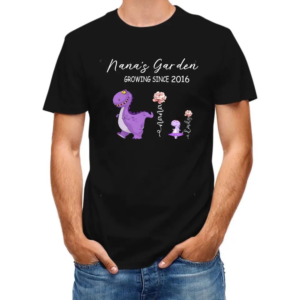 Nana's Garden T-shirt - Customized Name Dinosaur Month Flowers - OLESA