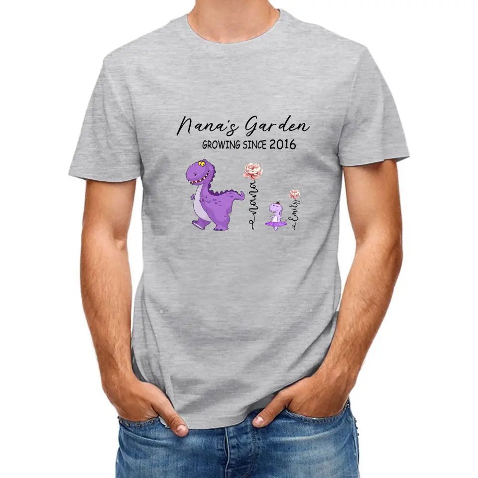 Nana's Garden T-shirt - Customized Name Dinosaur Month Flowers - OLESA