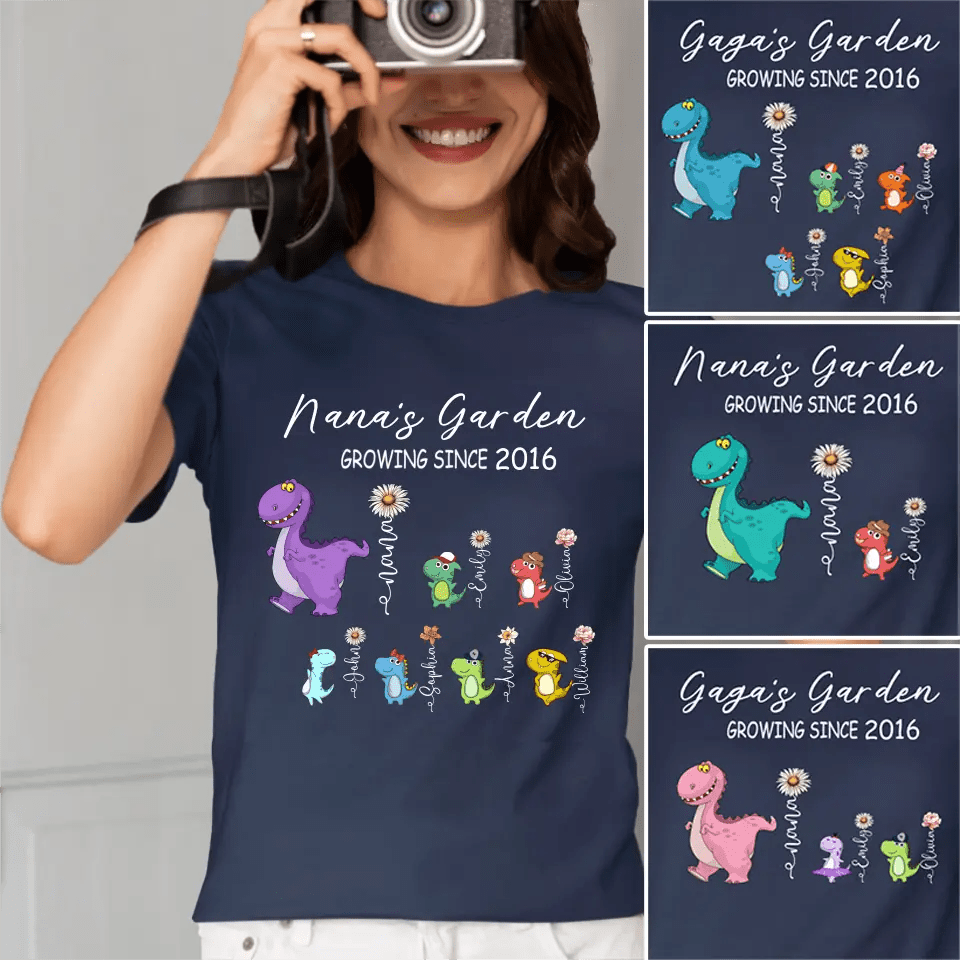 Nana's Garden T-shirt - Customized Name Dinosaur Month Flowers - OLESA