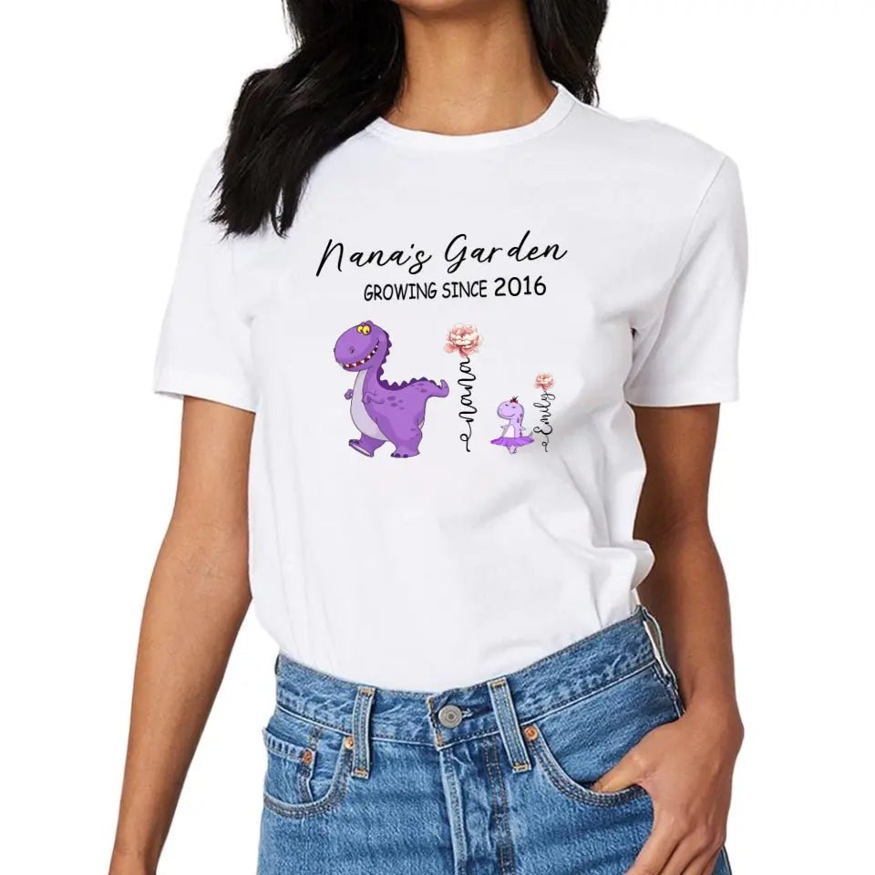 Nana's Garden T-shirt - Customized Name Dinosaur Month Flowers - OLESA