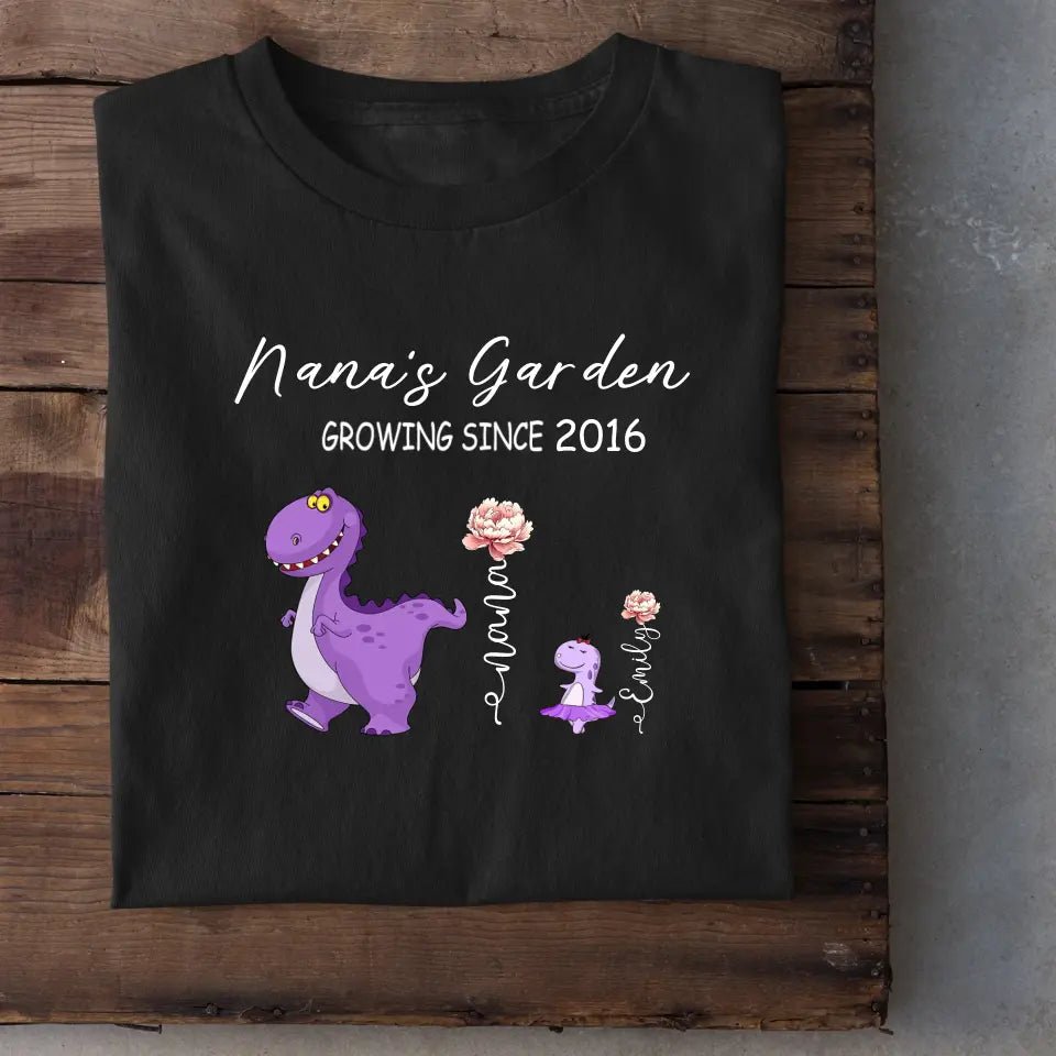 Nana's Garden T-shirt - Customized Name Dinosaur Month Flowers - OLESA