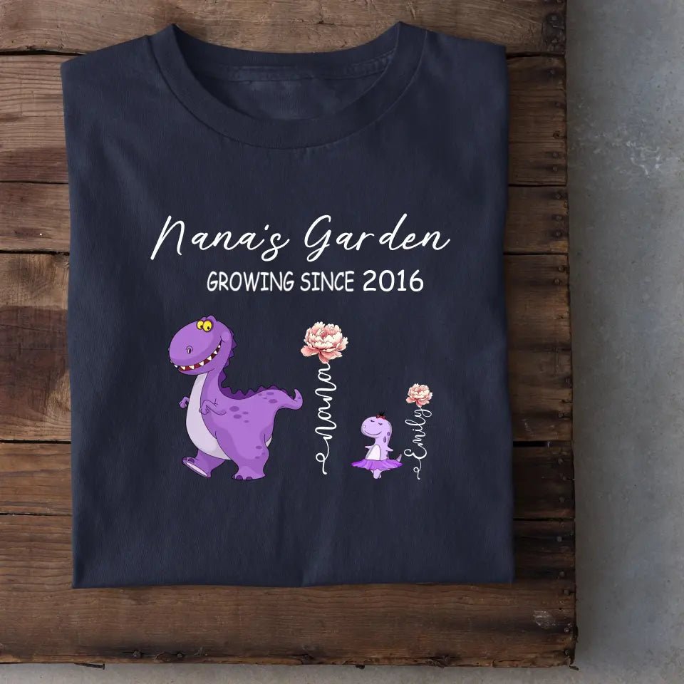 Nana's Garden T-shirt - Customized Name Dinosaur Month Flowers - OLESA