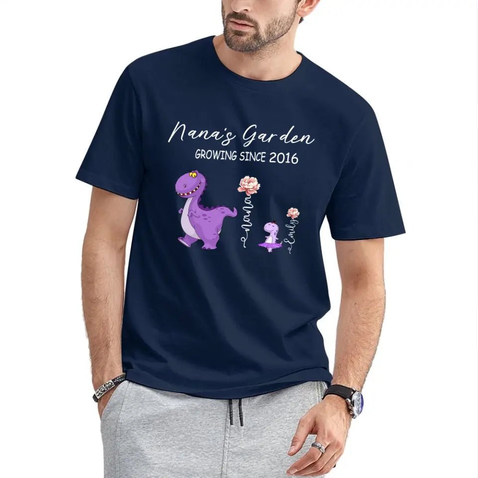 Nana's Garden T-shirt - Customized Name Dinosaur Month Flowers - OLESA