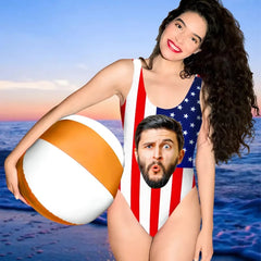 Personalized American Flag Photo Beach One-Piece Bathing Swimsuit For Women,Gift For Wife - OLESA