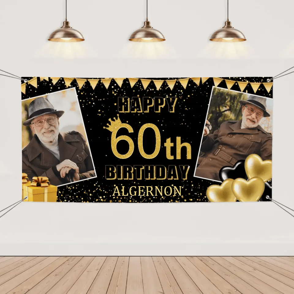 Personalized Gold Banner With Name Photo, Birthday Decorations - OLESA