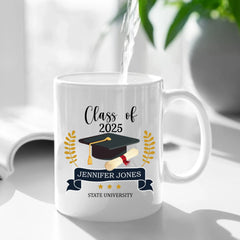 Personalized Graduation Gift Mug With Bachelor Cap, Class of 2025 - OLESA