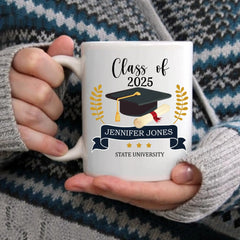 Personalized Graduation Gift Mug With Bachelor Cap, Class of 2025 - OLESA