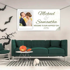 Personalized White Wedding Banner With Custom Photo And Name - OLESA