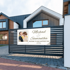 Personalized White Wedding Banner With Custom Photo And Name - OLESA