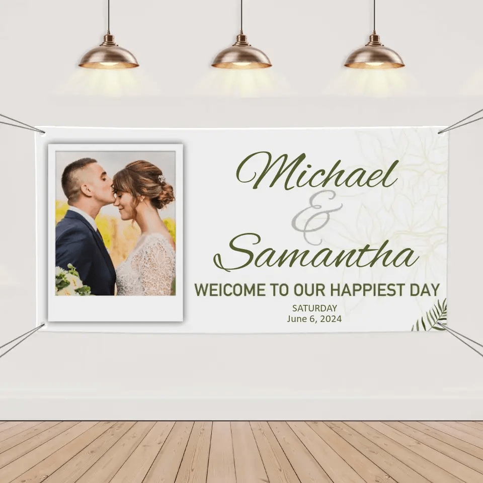 Personalized White Wedding Banner With Custom Photo And Name - OLESA