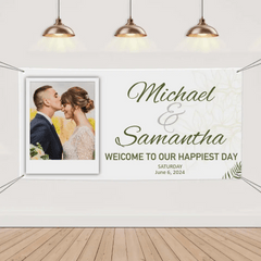 Personalized White Wedding Banner With Custom Photo And Name - OLESA