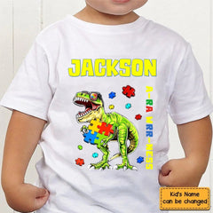 Puzzles and Dinosaurs - Personalized Name Colourful Graphic T-Shirt - A Gift for Child - OLESA