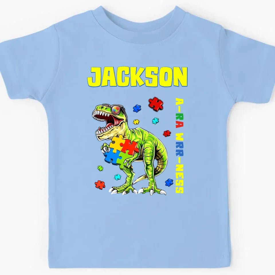 Puzzles and Dinosaurs - Personalized Name Colourful Graphic T-Shirt - A Gift for Child - OLESA