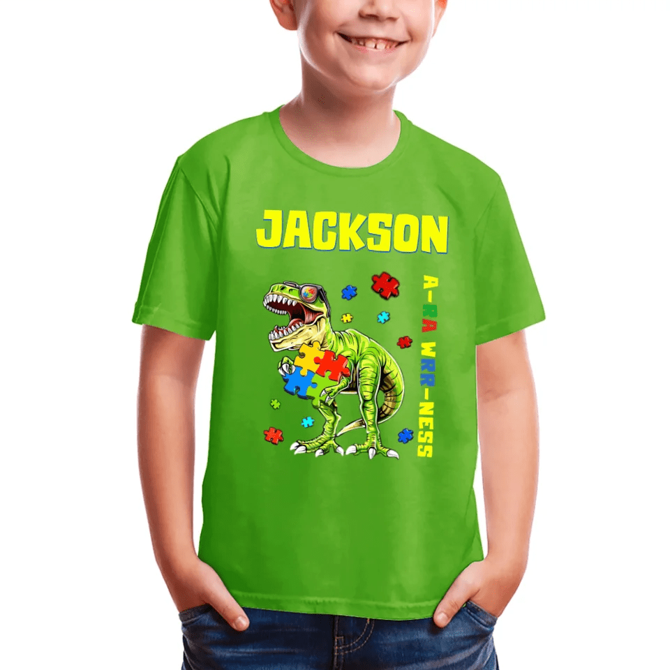 Puzzles and Dinosaurs - Personalized Name Colourful Graphic T-Shirt - A Gift for Child - OLESA