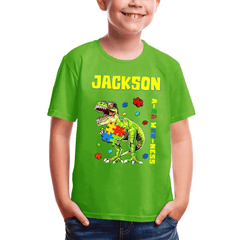 Puzzles and Dinosaurs - Personalized Name Colourful Graphic T-Shirt - A Gift for Child - OLESA