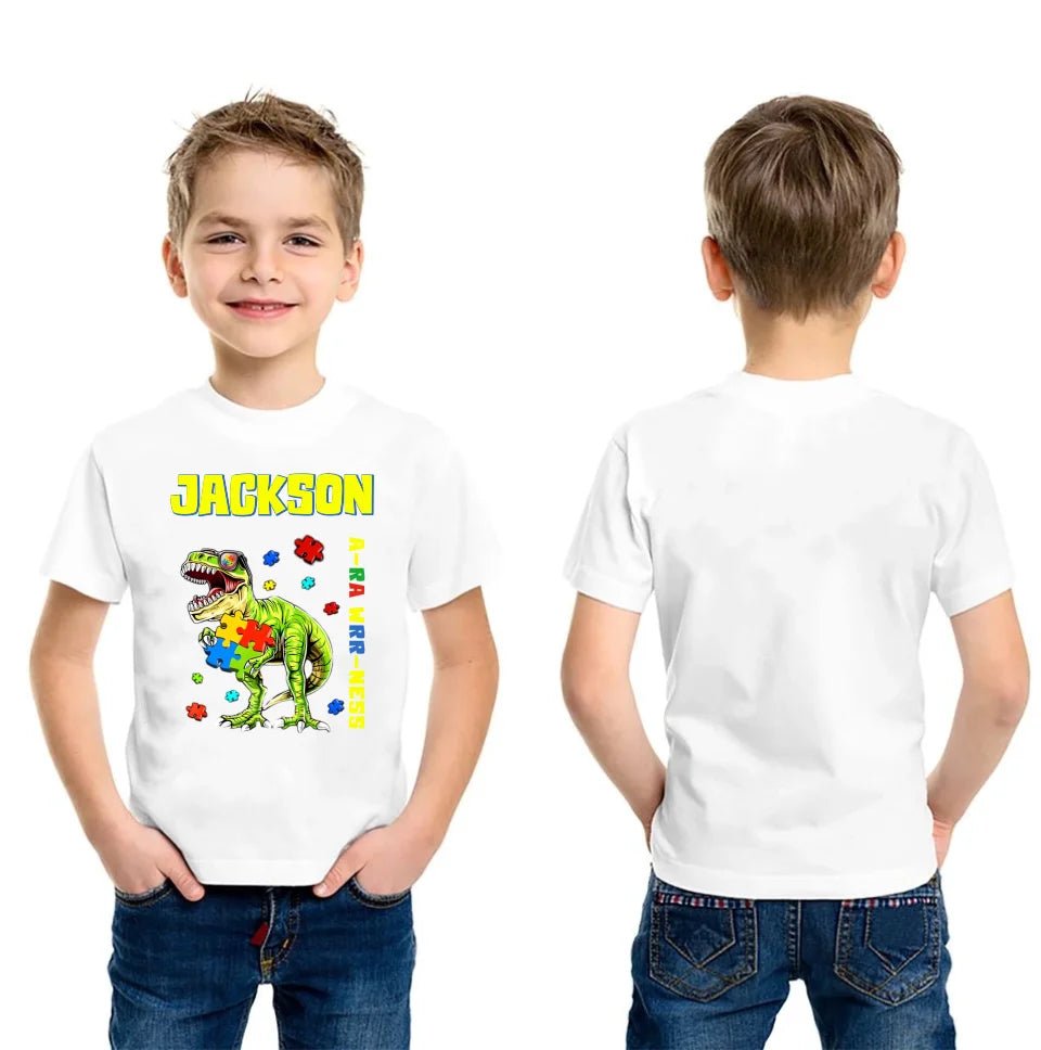 Puzzles and Dinosaurs - Personalized Name Colourful Graphic T-Shirt - A Gift for Child - OLESA