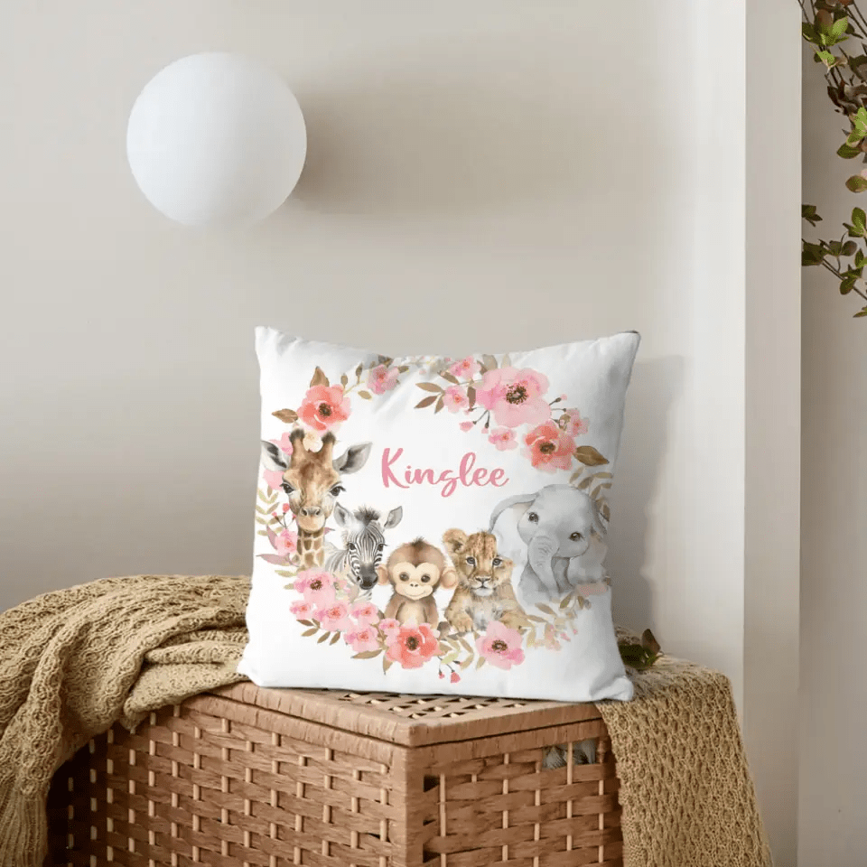 Red Flowers Safari Baby Animal Name Customized Pillow - OLESA