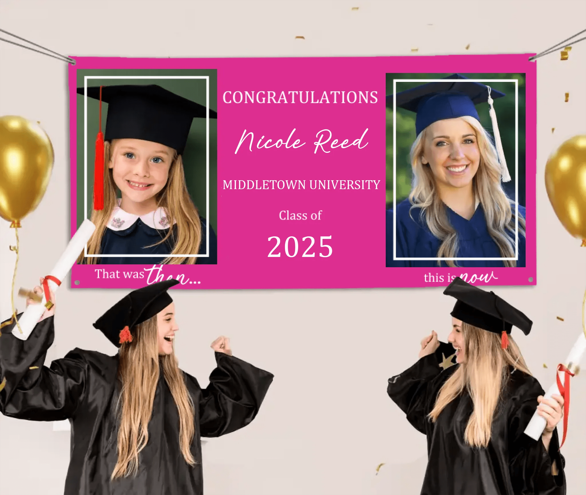 Then And Now Graduate Personalized Photo Banner, Party Supplies - OLESA