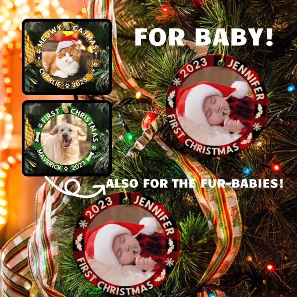 Custom Photo First Christmas - Dog & Cat & Baby Personalized Custom Ceramic Ornament - Christmas Gift For Family - OLESA