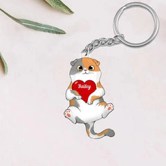 Fluffy Cat Holding Heart Personalized Acrylic Keychain - OLESA