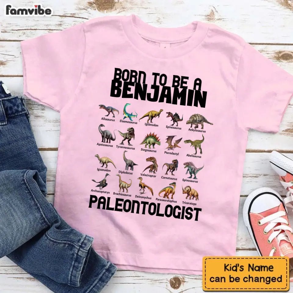 Gift For Grandson/Granddaughter Born To Be A Paleontologist - Personalized Name Dinosaur Kids T-Shirt - OLESA