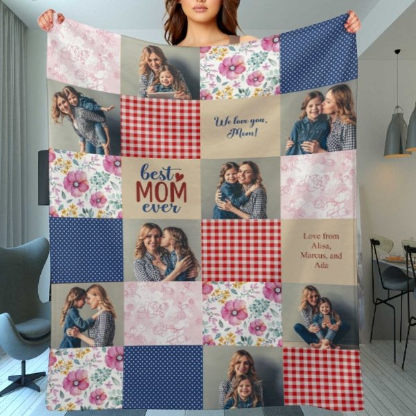 Patchwork Best Mom Grandma Memories Photo Blanket - OLESA