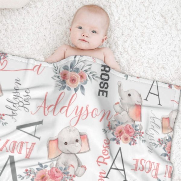 Personalized Custom Name Baby Girl Elephant Blanket - Baby Gift - OLESA