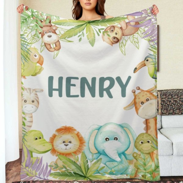 Personalized Custom Name Jungle Cute Animals Baby Blanket - Baby Shower Gifts - ARNOVIC