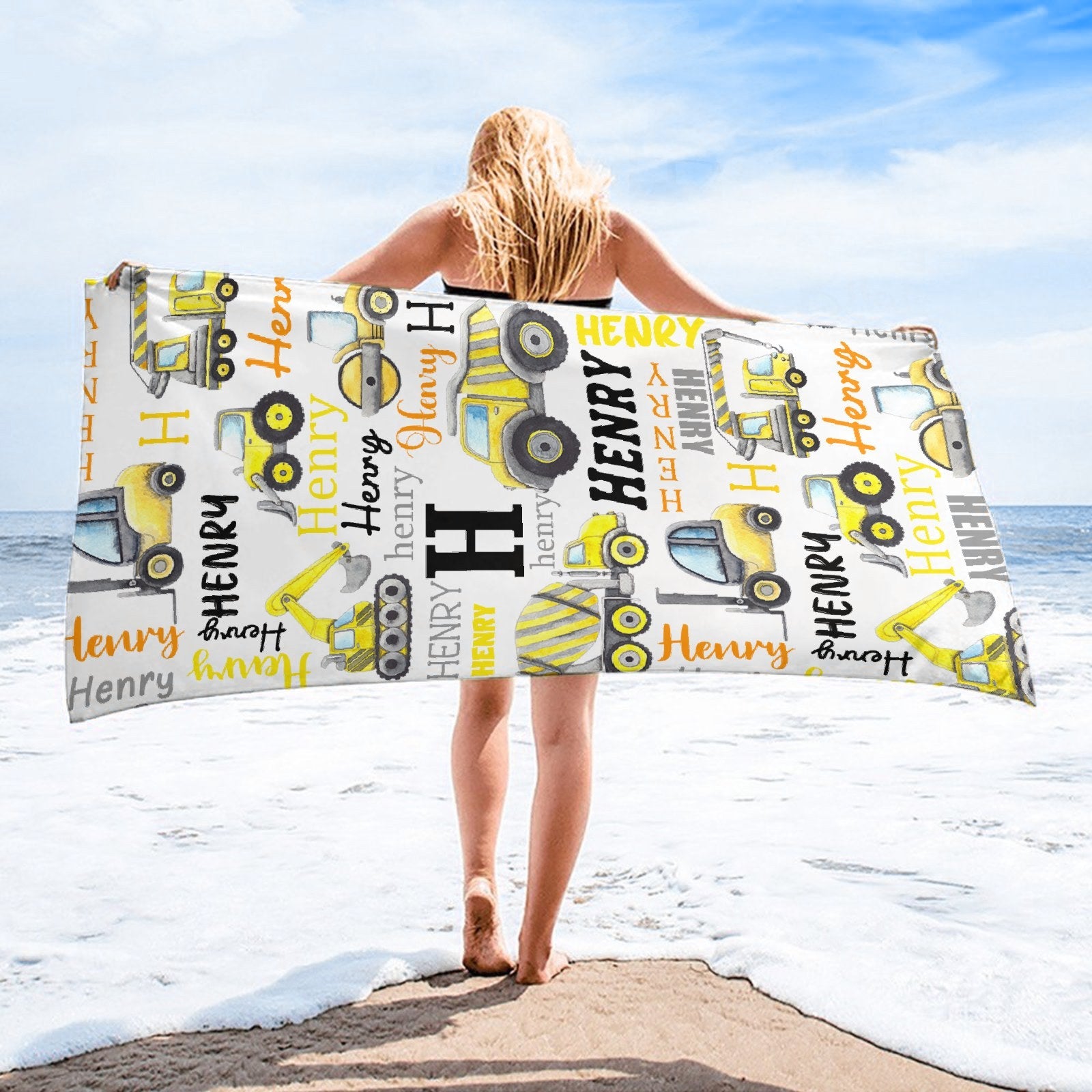 Personalized Name Construction Beach Towel - Gift For Baby Birthday - ARNOVIC