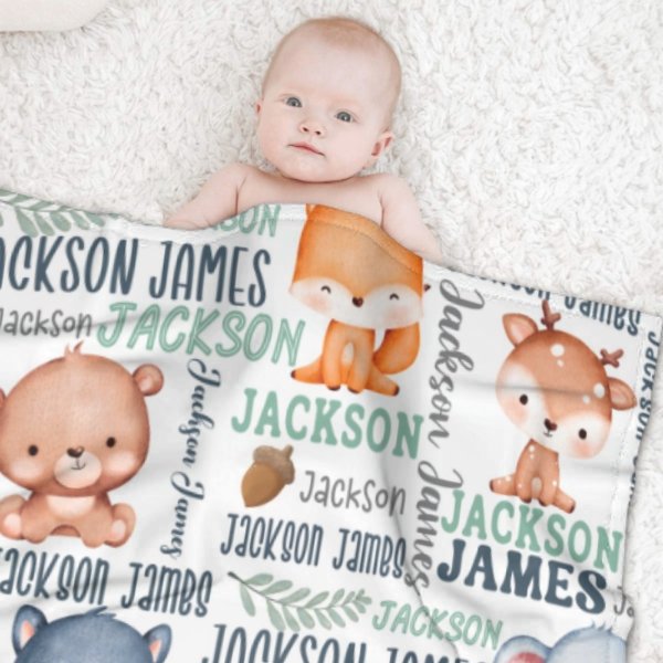 Personalized Woodland Animals Baby Name Blanket - Custom Name Gift - ARNOVIC