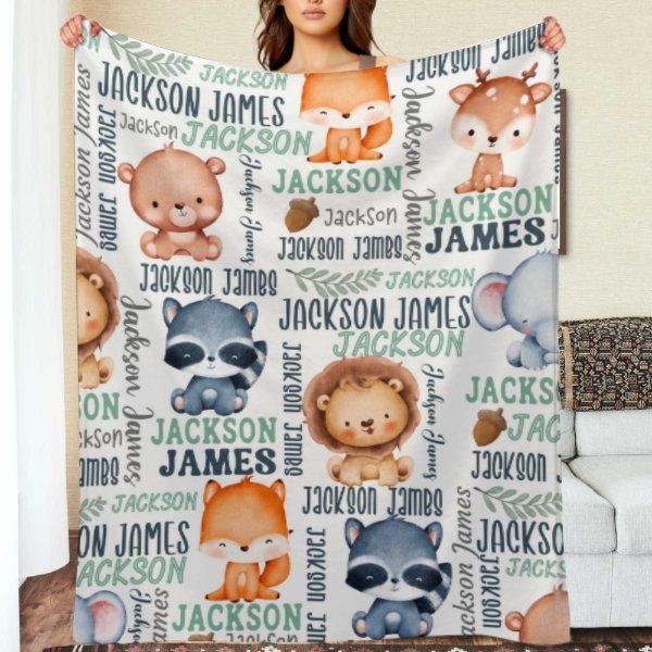 Personalized Woodland Animals Baby Name Blanket - Custom Name Gift - ARNOVIC