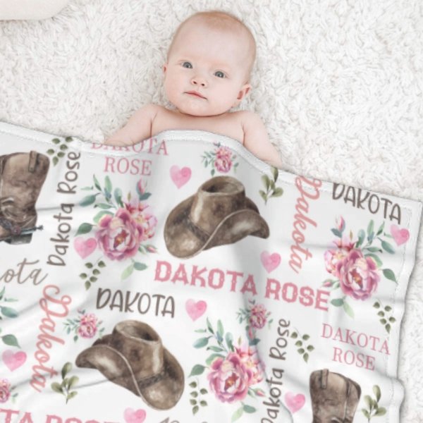 Pink Flower Cowgirl Girl Custom Blanket -Gift for Baby Shower Gift - ARNOVIC