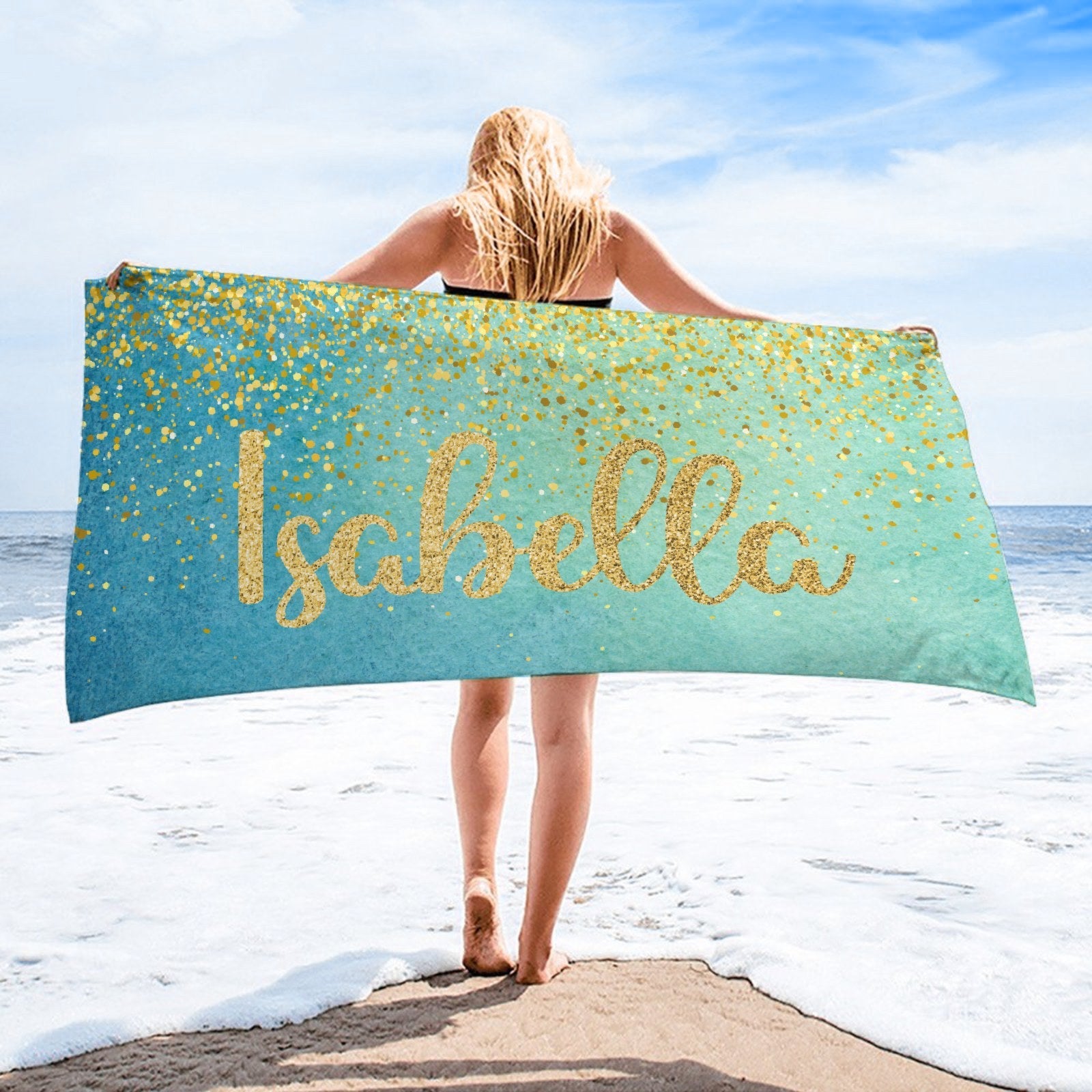 Sparkling Gold Name Personalized Beach Towel - Vacation Gift - OLESA