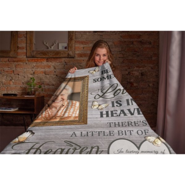 There’s A Little Bit Of Heaven In Our Home - Memorial Personalized Custom Blanket - Upload Image, Sympathy Gift For Family Members - ARNOVIC