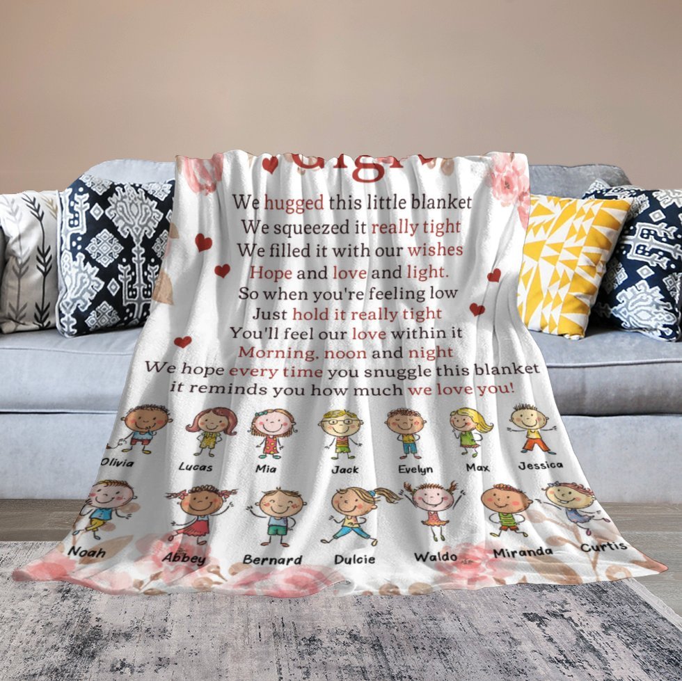 We Hugged This Little Blanket - Up To 14 Kids - Personalized Blanket - Birthday Mother's Day Gift For Grandma, Nana, Mom - Gift From Grandkids - OLESA